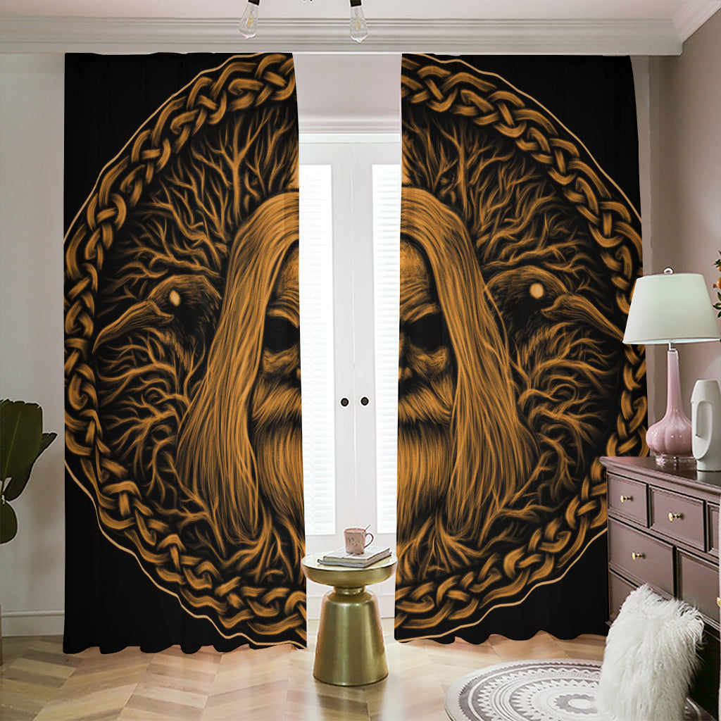 Gold Odin With Huginn And Muninn Print Blackout Pencil Pleat Curtains