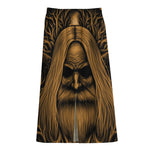 Gold Odin With Huginn And Muninn Print Cotton Front Slit Maxi Skirt