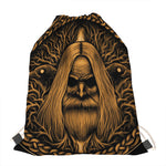 Gold Odin With Huginn And Muninn Print Drawstring Bag