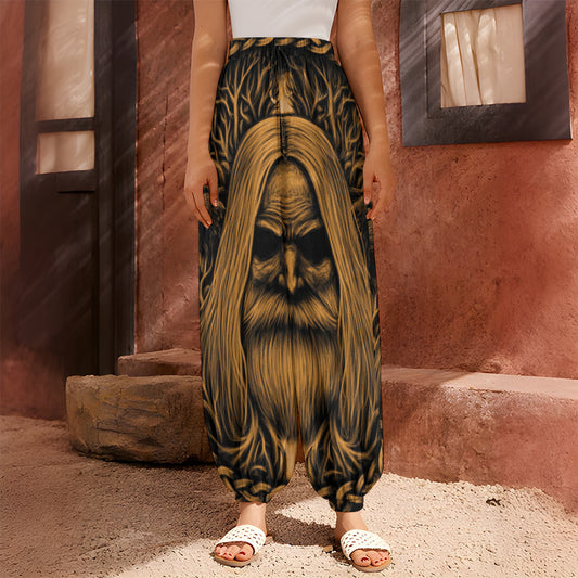 Gold Odin With Huginn And Muninn Print Harem Pants