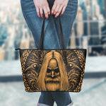 Gold Odin With Huginn And Muninn Print Leather Tote Bag