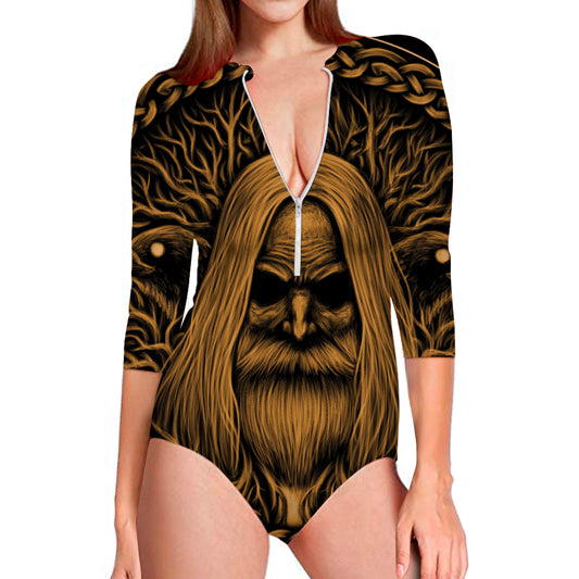 Gold Odin With Huginn And Muninn Print Long Sleeve Swimsuit