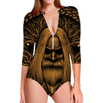 Gold Odin With Huginn And Muninn Print Long Sleeve Swimsuit