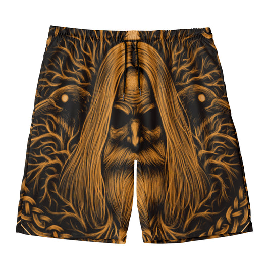 Gold Odin With Huginn And Muninn Print Men's Swim Trunks