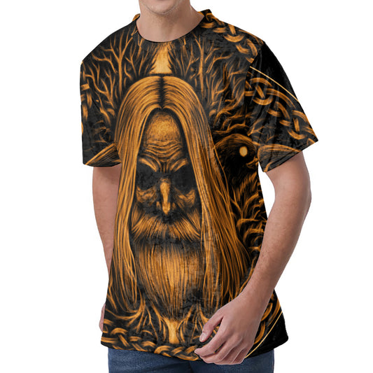 Gold Odin With Huginn And Muninn Print Men's Velvet T-Shirt