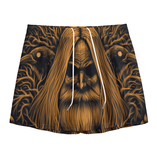 Gold Odin With Huginn And Muninn Print Mesh Shorts