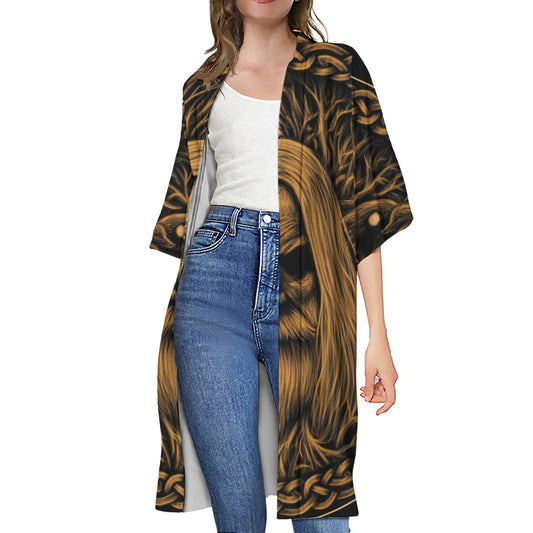 Gold Odin With Huginn And Muninn Print Open Front Beach Cover Up