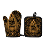 Gold Odin With Huginn And Muninn Print Oven Mitt And Pot Holder Set