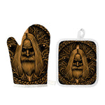 Gold Odin With Huginn And Muninn Print Oven Mitt And Pot Holder Set
