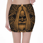 Gold Odin With Huginn And Muninn Print Pencil Mini Skirt