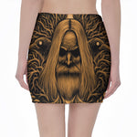 Gold Odin With Huginn And Muninn Print Pencil Mini Skirt