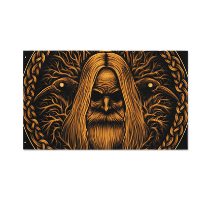 Gold Odin With Huginn And Muninn Print Polyester Flag