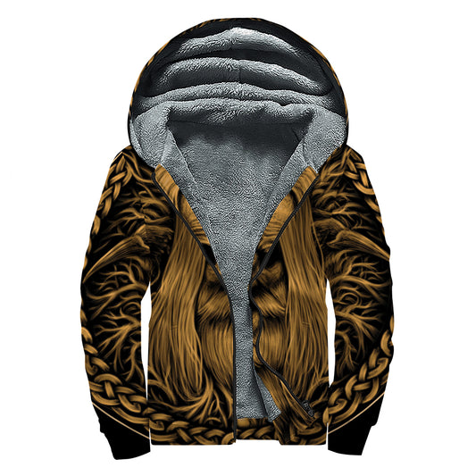 Gold Odin With Huginn And Muninn Print Sherpa Lined Zip Up Hoodie