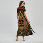 Gold Odin With Huginn And Muninn Print Short Sleeve Maxi Dress