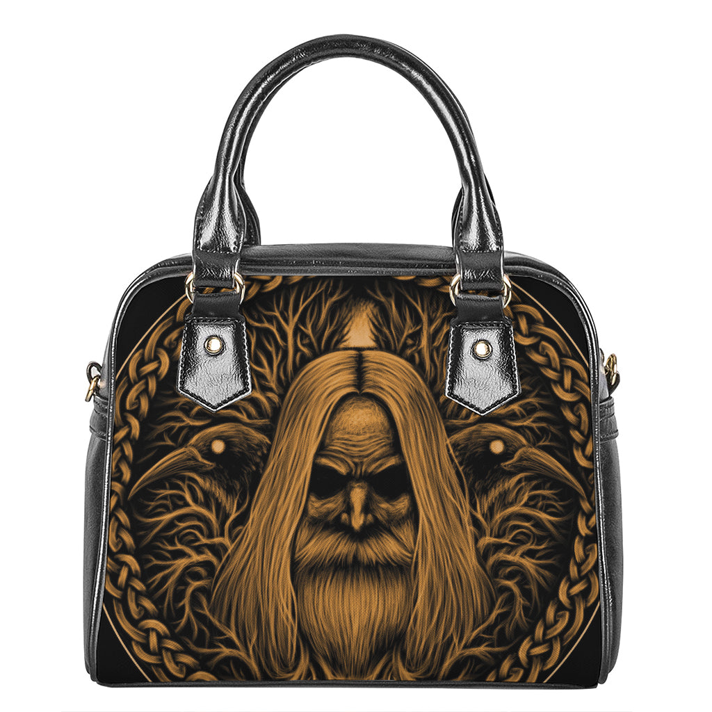 Gold Odin With Huginn And Muninn Print Shoulder Handbag
