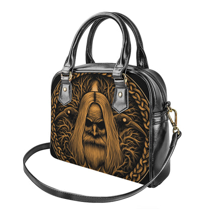 Gold Odin With Huginn And Muninn Print Shoulder Handbag