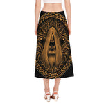 Gold Odin With Huginn And Muninn Print Side Slit Midi Skirt