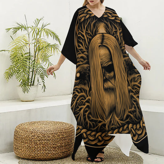 Gold Odin With Huginn And Muninn Print Silk V-Neck Kaftan Dress