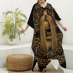 Gold Odin With Huginn And Muninn Print Silk V-Neck Kaftan Dress