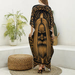 Gold Odin With Huginn And Muninn Print Silk V-Neck Kaftan Dress