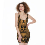 Gold Odin With Huginn And Muninn Print Sleeveless Bodycon Dress