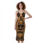 Gold Odin With Huginn And Muninn Print Slim Fit Midi Cami Dress