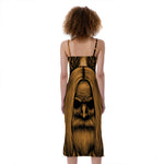 Gold Odin With Huginn And Muninn Print Slim Fit Midi Cami Dress