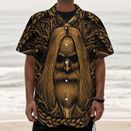 Gold Odin With Huginn And Muninn Print Textured Short Sleeve Shirt