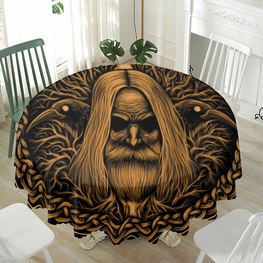 Gold Odin With Huginn And Muninn Print Waterproof Round Tablecloth