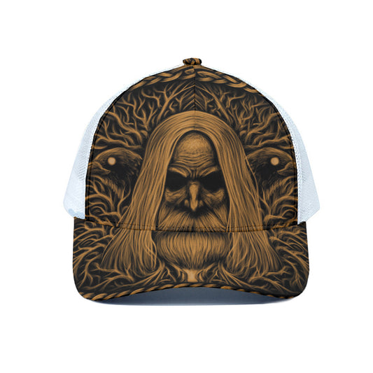 Gold Odin With Huginn And Muninn Print White Mesh Trucker Cap