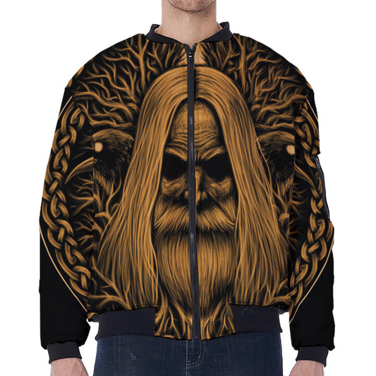 Gold Odin With Huginn And Muninn Print Zip Sleeve Bomber Jacket