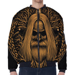 Gold Odin With Huginn And Muninn Print Zip Sleeve Bomber Jacket