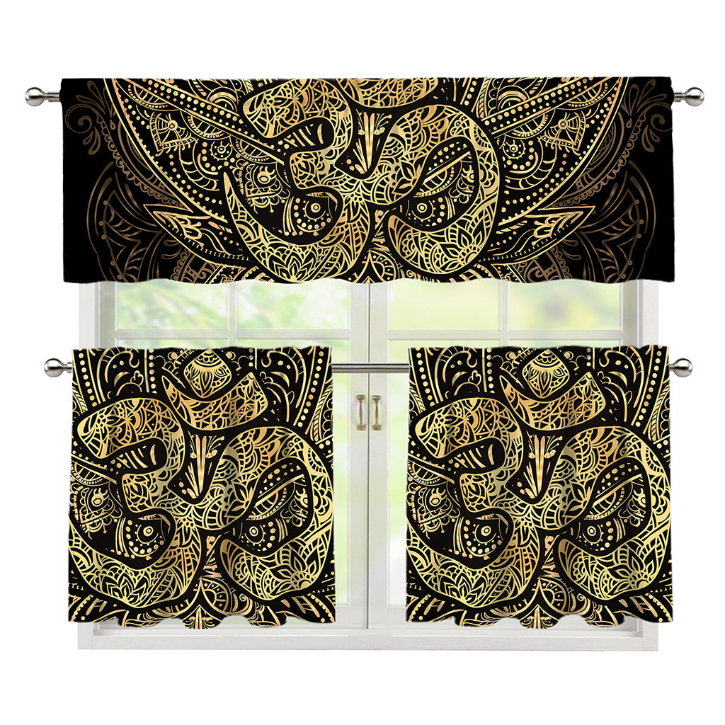 Gold Om Lotus Print 3 Piece Kitchen Curtains