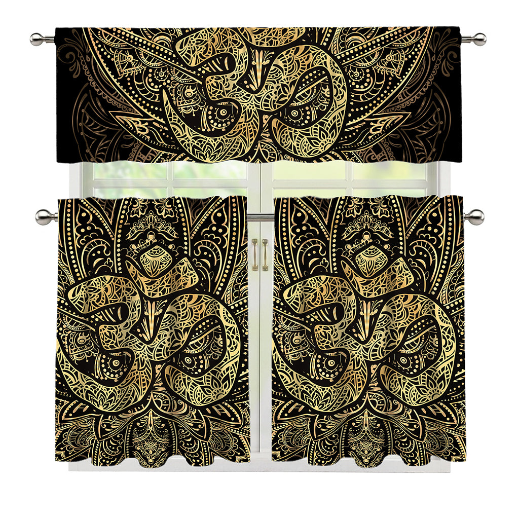 Gold Om Lotus Print 3 Piece Kitchen Curtains