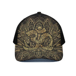 Gold Om Lotus Print Black Mesh Trucker Cap