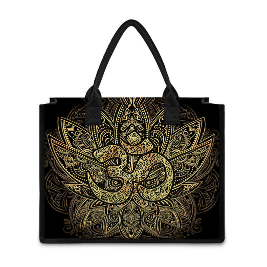Gold Om Lotus Print Canvas Tote Bag