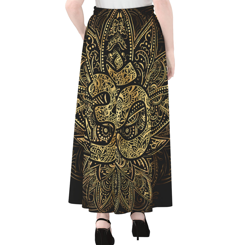 Gold Om Lotus Print Chiffon Maxi Skirt