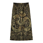 Gold Om Lotus Print Cotton Front Slit Maxi Skirt