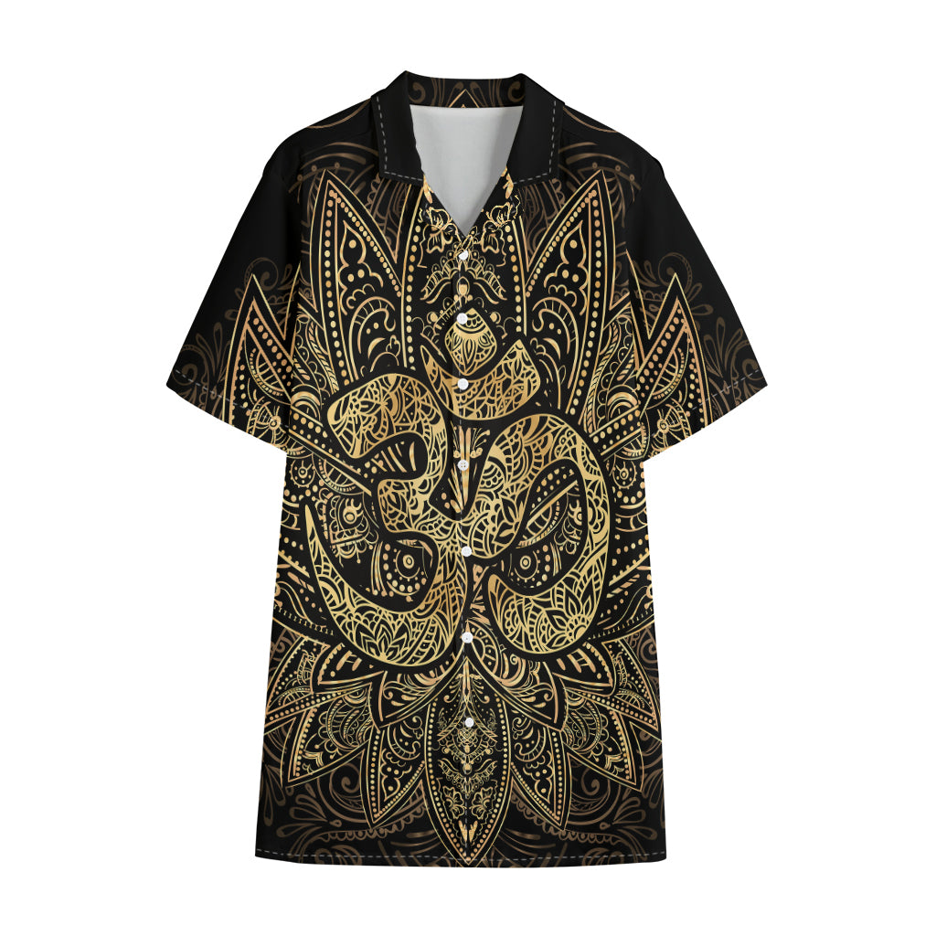 Gold Om Lotus Print Cotton Hawaiian Shirt