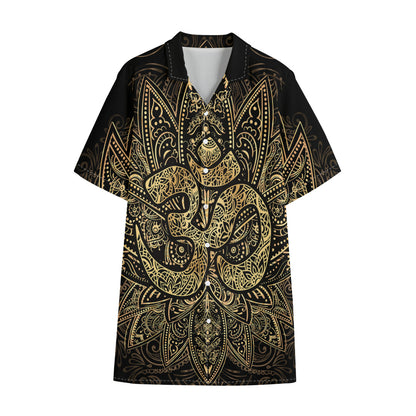 Gold Om Lotus Print Cotton Hawaiian Shirt