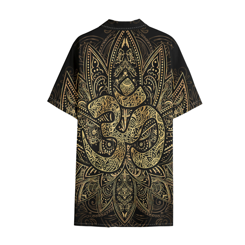 Gold Om Lotus Print Cotton Hawaiian Shirt