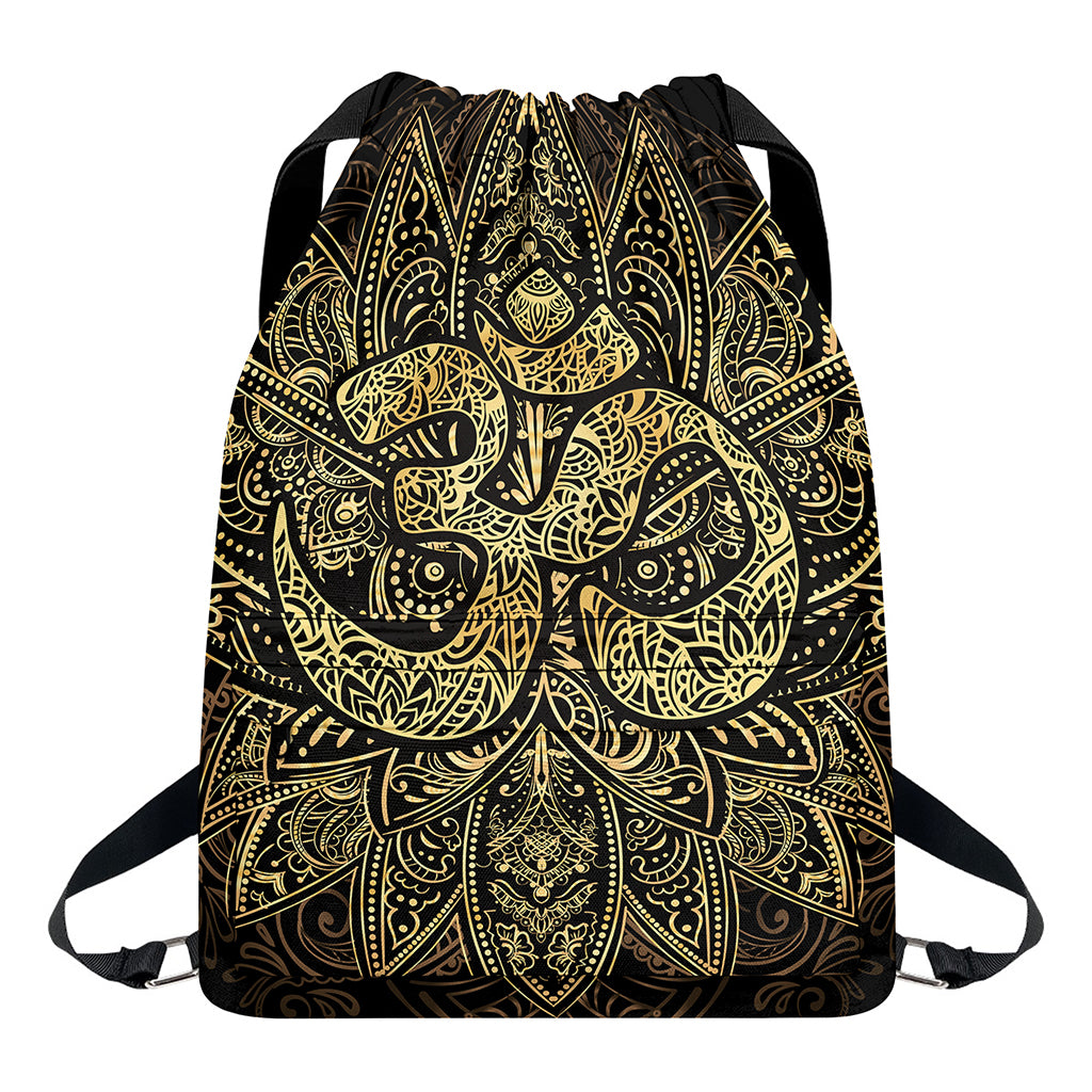 Gold Om Lotus Print Drawstring Backpack