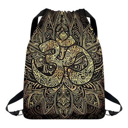 Gold Om Lotus Print Drawstring Backpack