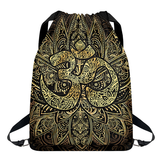 Gold Om Lotus Print Drawstring Backpack