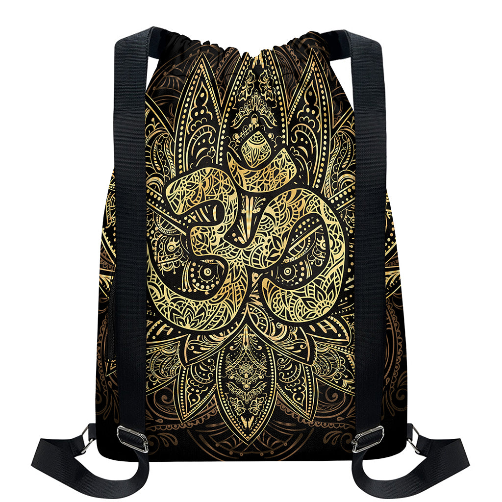 Gold Om Lotus Print Drawstring Backpack