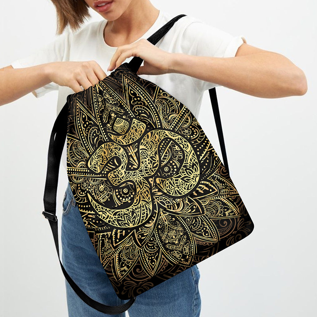 Gold Om Lotus Print Drawstring Backpack