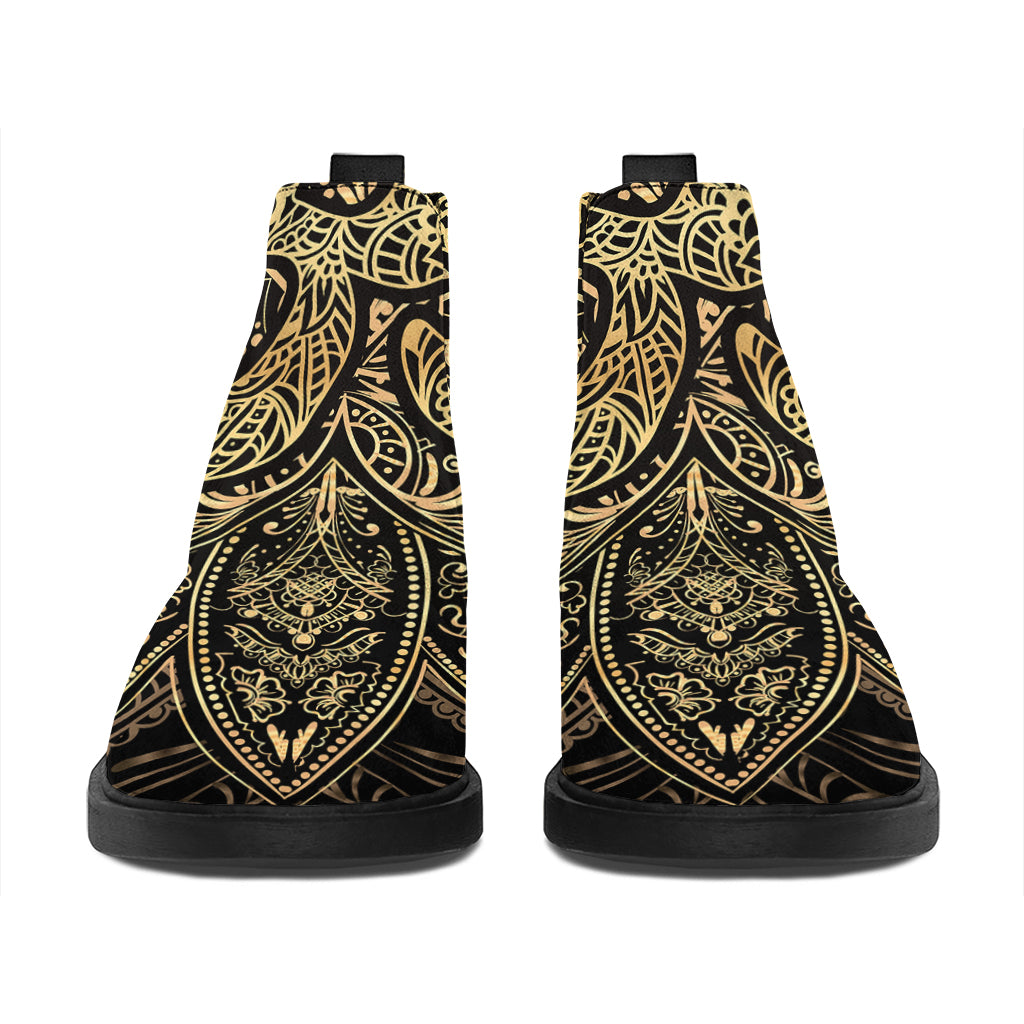 Gold Om Lotus Print Flat Ankle Boots