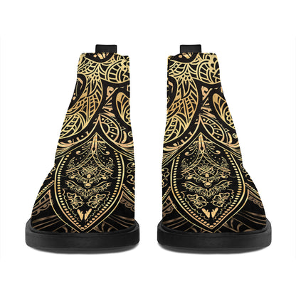 Gold Om Lotus Print Flat Ankle Boots