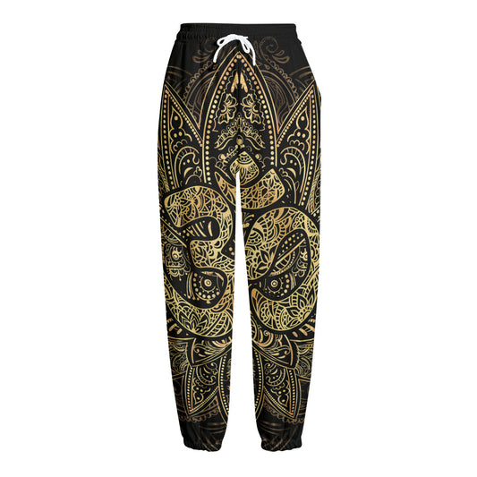 Gold Om Lotus Print Fleece Lined Knit Pants