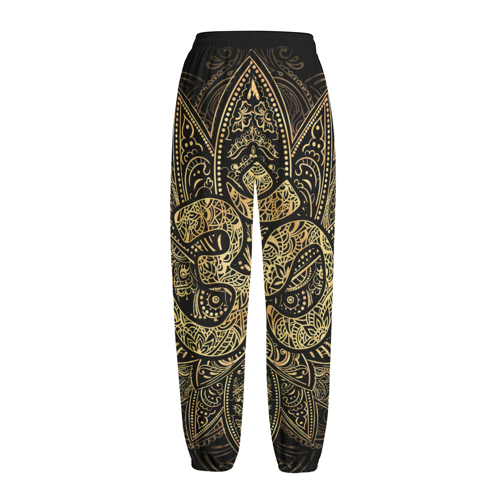 Gold Om Lotus Print Fleece Lined Knit Pants